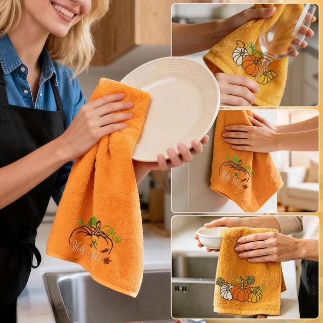 Alt view image 6 of 7 - Fall Hand Towels, Orange Embroidered Towel, Fall Bathroom Decor | Pumpkin Bathroom Towels, Autumn,14" x 30", Yellow, Kitchen Decorations for Drying, Cleaning, Cooking