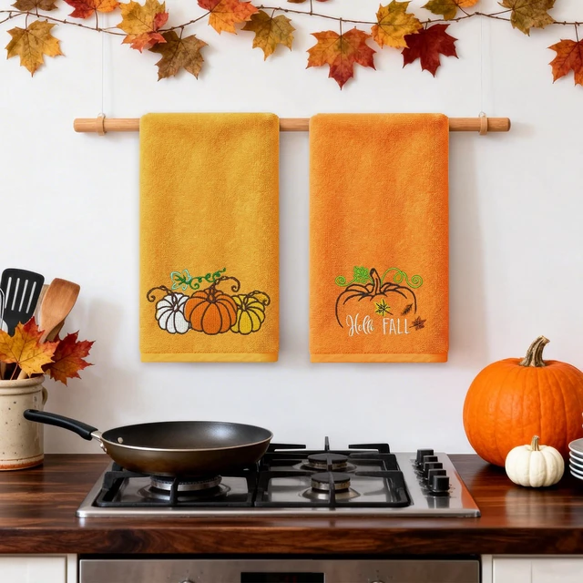 Alt view image 7 of 7 - Fall Hand Towels, Orange Embroidered Towel, Fall Bathroom Decor | Pumpkin Bathroom Towels, Autumn,14" x 30", Yellow, Kitchen Decorations for Drying, Cleaning, Cooking