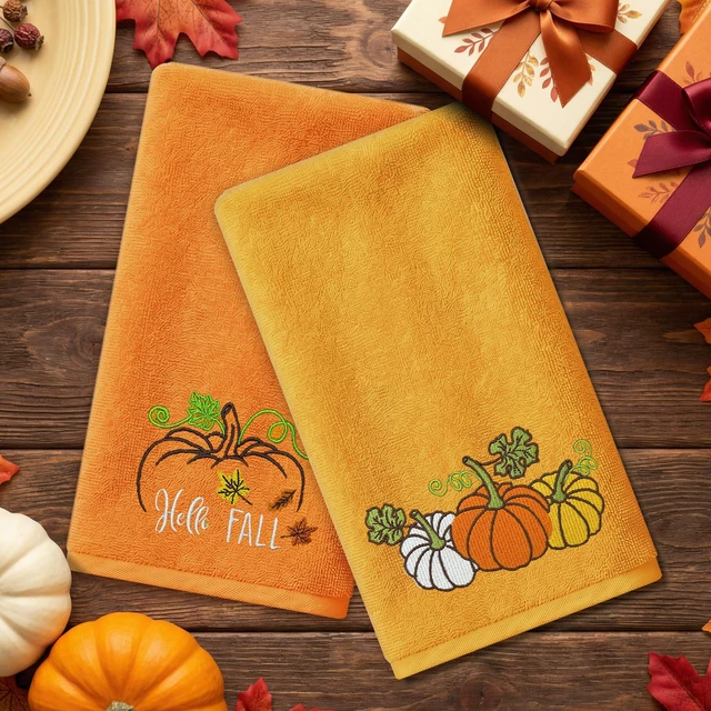 Alt view image 5 of 7 - Fall Hand Towels, Orange Embroidered Towel, Fall Bathroom Decor | Pumpkin Bathroom Towels, Autumn,14" x 30", Yellow, Kitchen Decorations for Drying, Cleaning, Cooking