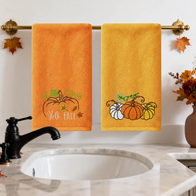 Alt view image 4 of 7 - Fall Hand Towels, Orange Embroidered Towel, Fall Bathroom Decor | Pumpkin Bathroom Towels, Autumn,14" x 30", Yellow, Kitchen Decorations for Drying, Cleaning, Cooking