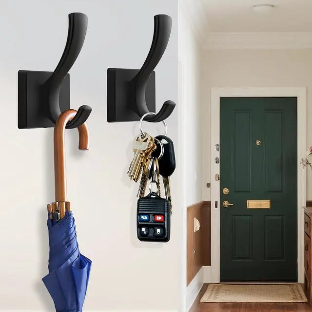 Alt view image 3 of 7 - Black Towel Hooks, Coat Robe Hooks Bathroom Entryway Mudroom Pool Hooks for Wall Mount Hanging Towels Bathrobe Key Hat Backpack (2 Pack, Black)
