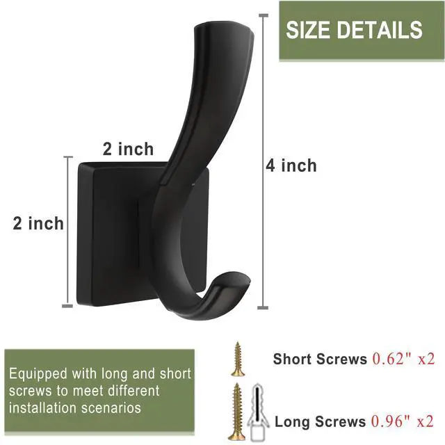Alt view image 5 of 7 - Black Towel Hooks, Coat Robe Hooks Bathroom Entryway Mudroom Pool Hooks for Wall Mount Hanging Towels Bathrobe Key Hat Backpack (2 Pack, Black)