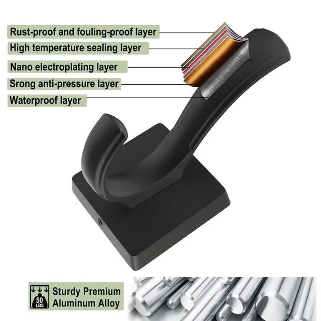 Alt view image 7 of 7 - Black Towel Hooks, Coat Robe Hooks Bathroom Entryway Mudroom Pool Hooks for Wall Mount Hanging Towels Bathrobe Key Hat Backpack (2 Pack, Black)