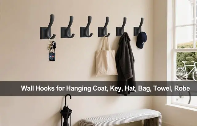 Alt view image 4 of 7 - Black Towel Hooks, Coat Robe Hooks Bathroom Entryway Mudroom Pool Hooks for Wall Mount Hanging Towels Bathrobe Key Hat Backpack (2 Pack, Black)