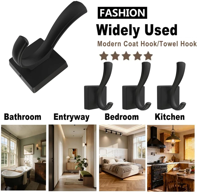 Alt view image 6 of 7 - Black Towel Hooks, Coat Robe Hooks Bathroom Entryway Mudroom Pool Hooks for Wall Mount Hanging Towels Bathrobe Key Hat Backpack (2 Pack, Black)