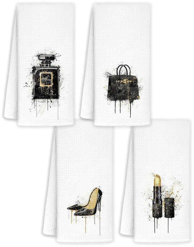 Main image of Black and Gold Bathroom Hand Towels Set of 4, Girly Aesthetic Hand Towels for Girls Bathroom Dorm Apartment Decor, Trendy High-Heels Lipstick Kitchen Dish Tea Towels Gifts for Women, 16x24 Inch