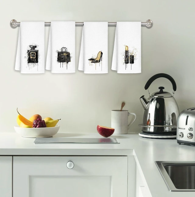 Alt view image 4 of 7 - Black and Gold Bathroom Hand Towels Set of 4, Girly Aesthetic Hand Towels for Girls Bathroom Dorm Apartment Decor, Trendy High-Heels Lipstick Kitchen Dish Tea Towels Gifts for Women, 16x24 Inch