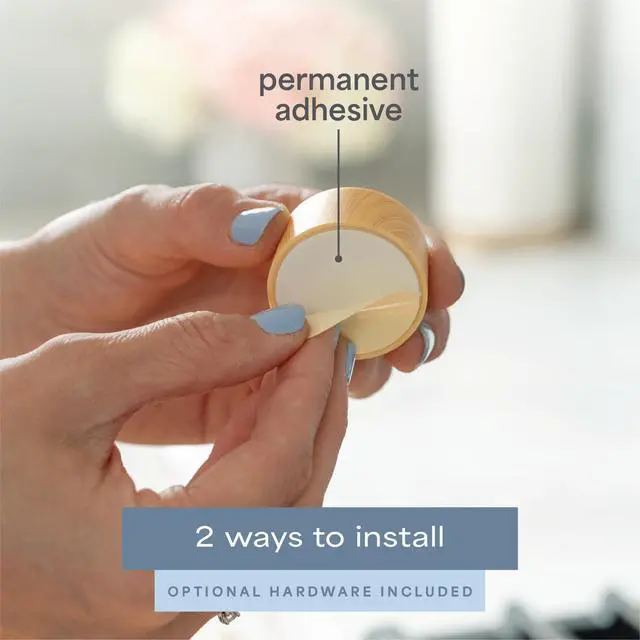 Alt view image 2 of 7 - Adhesive Push Towel Hooks, 4 Pack, Bamboo | 2 Installation Options, Round Hooks for Kitchen, Bathroom, Garage and Home Use, Organization Hooks, Strong Grip