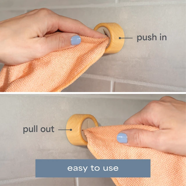 Alt view image 3 of 7 - Adhesive Push Towel Hooks, 4 Pack, Bamboo | 2 Installation Options, Round Hooks for Kitchen, Bathroom, Garage and Home Use, Organization Hooks, Strong Grip