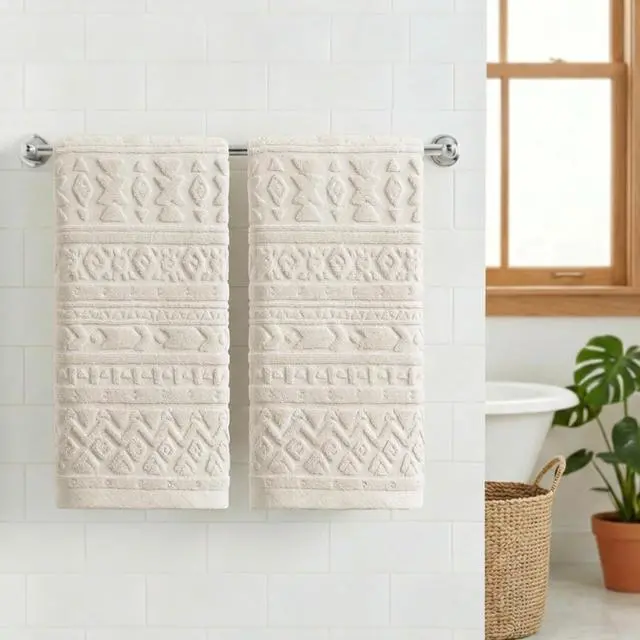Alt view image 2 of 7 - 2 Pcs Beige 3D Geometric Design Jacquard Hand Towels for Bathroom, 100% Cotton Soft Absorbent Bathroom Decor Towels, 13.7 x 29.5 Inch