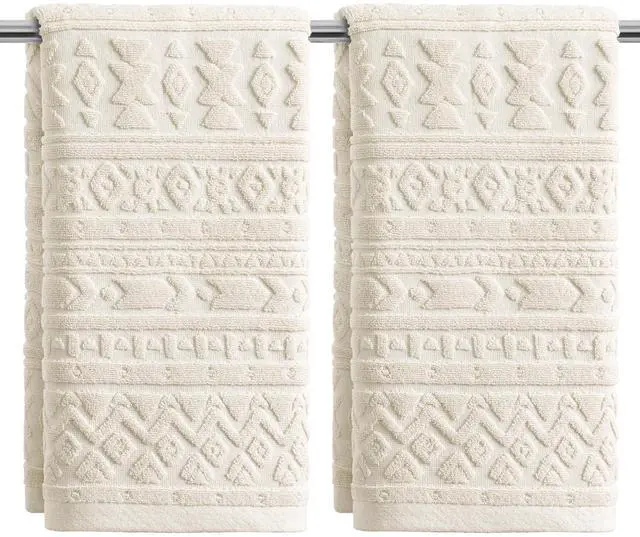 Main image of 2 Pcs Beige 3D Geometric Design Jacquard Hand Towels for Bathroom, 100% Cotton Soft Absorbent Bathroom Decor Towels, 13.7 x 29.5 Inch