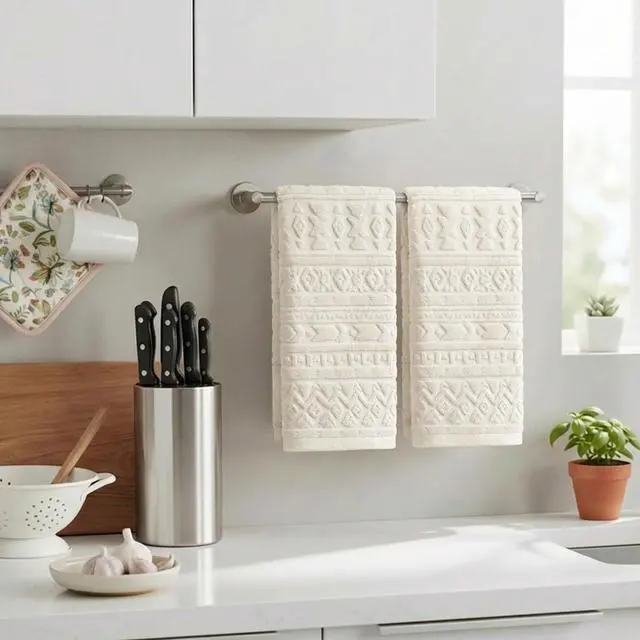 Alt view image 3 of 7 - 2 Pcs Beige 3D Geometric Design Jacquard Hand Towels for Bathroom, 100% Cotton Soft Absorbent Bathroom Decor Towels, 13.7 x 29.5 Inch