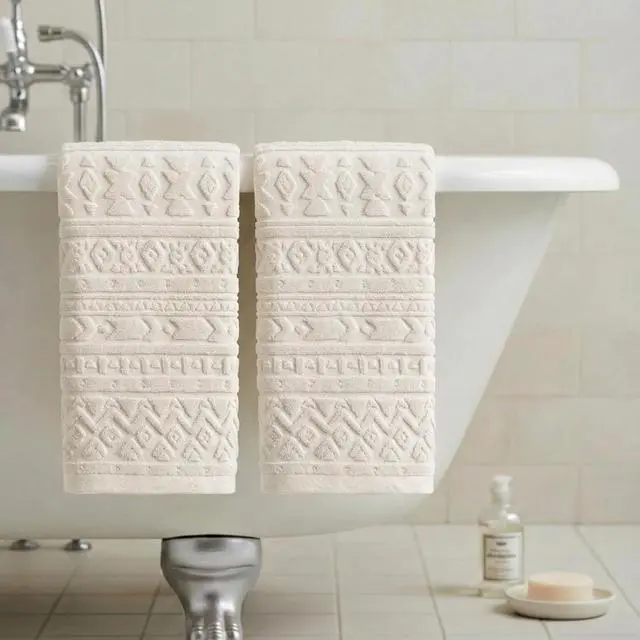 Alt view image 4 of 7 - 2 Pcs Beige 3D Geometric Design Jacquard Hand Towels for Bathroom, 100% Cotton Soft Absorbent Bathroom Decor Towels, 13.7 x 29.5 Inch
