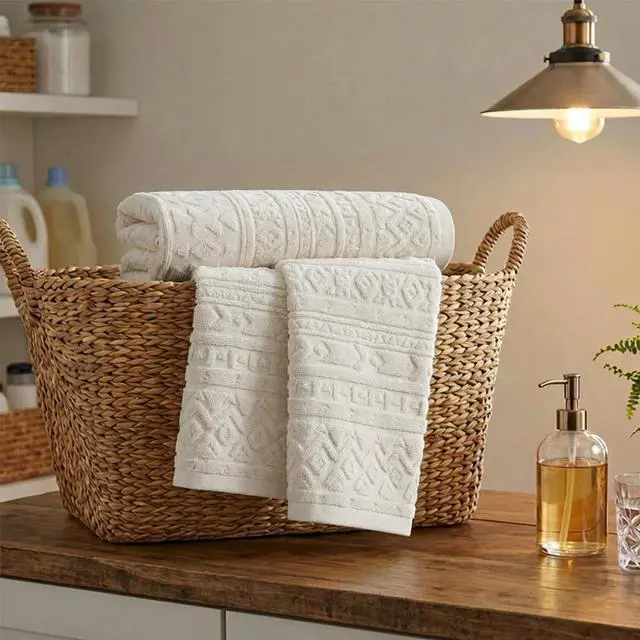 Alt view image 5 of 7 - 2 Pcs Beige 3D Geometric Design Jacquard Hand Towels for Bathroom, 100% Cotton Soft Absorbent Bathroom Decor Towels, 13.7 x 29.5 Inch