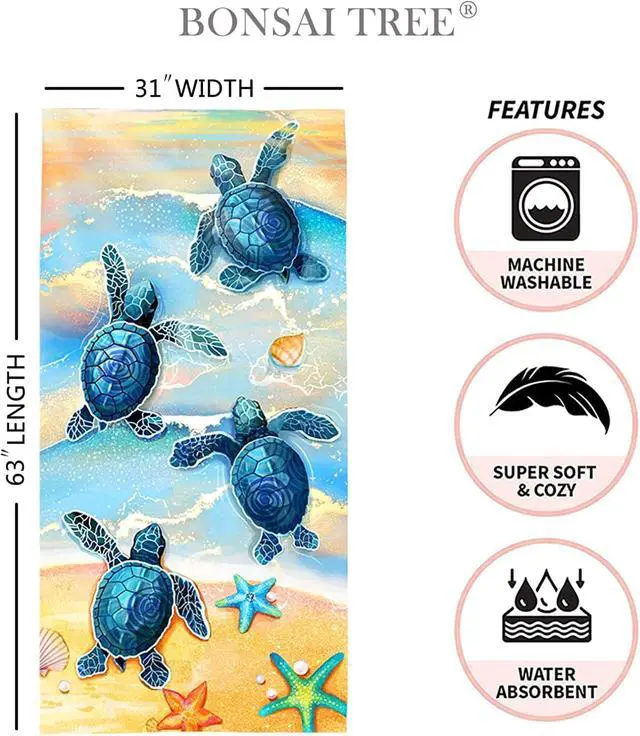 Alt view image 4 of 6 - Turtle Beach Towel, Sea Turtles Bath Towel Gifts for Women | Large Ocean Summer Starfish Seashells Microfiber Funny Sand Free Quick Dry Travel Towels for Yoga Sports 31" x 63"