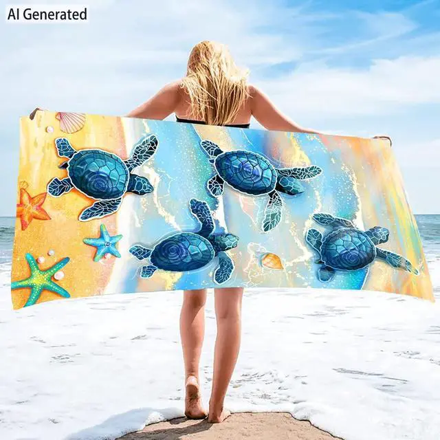 Alt view image 5 of 6 - Turtle Beach Towel, Sea Turtles Bath Towel Gifts for Women | Large Ocean Summer Starfish Seashells Microfiber Funny Sand Free Quick Dry Travel Towels for Yoga Sports 31" x 63"