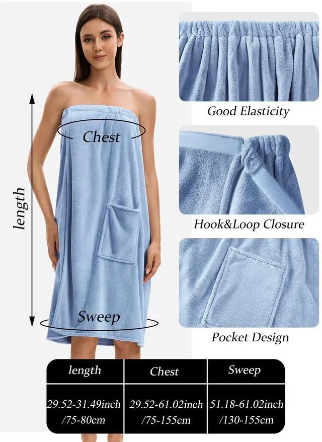Alt view image 2 of 6 - Towel Wrap For Women After ShowerPlush Bath Robe FemaleSauna Spa Wrap Around Towels With Pockets (US, Alpha, One Size, Regular, Regular, Light Blue)