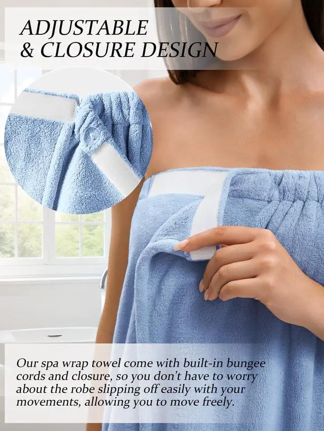 Alt view image 3 of 6 - Towel Wrap For Women After ShowerPlush Bath Robe FemaleSauna Spa Wrap Around Towels With Pockets (US, Alpha, One Size, Regular, Regular, Light Blue)