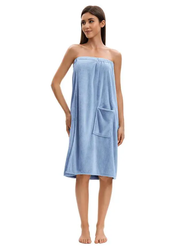Alt view image 4 of 6 - Towel Wrap For Women After ShowerPlush Bath Robe FemaleSauna Spa Wrap Around Towels With Pockets (US, Alpha, One Size, Regular, Regular, Light Blue)