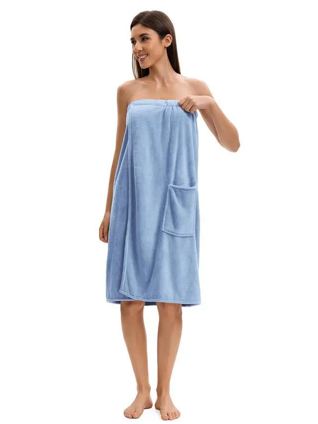 Alt view image 6 of 6 - Towel Wrap For Women After ShowerPlush Bath Robe FemaleSauna Spa Wrap Around Towels With Pockets (US, Alpha, One Size, Regular, Regular, Light Blue)