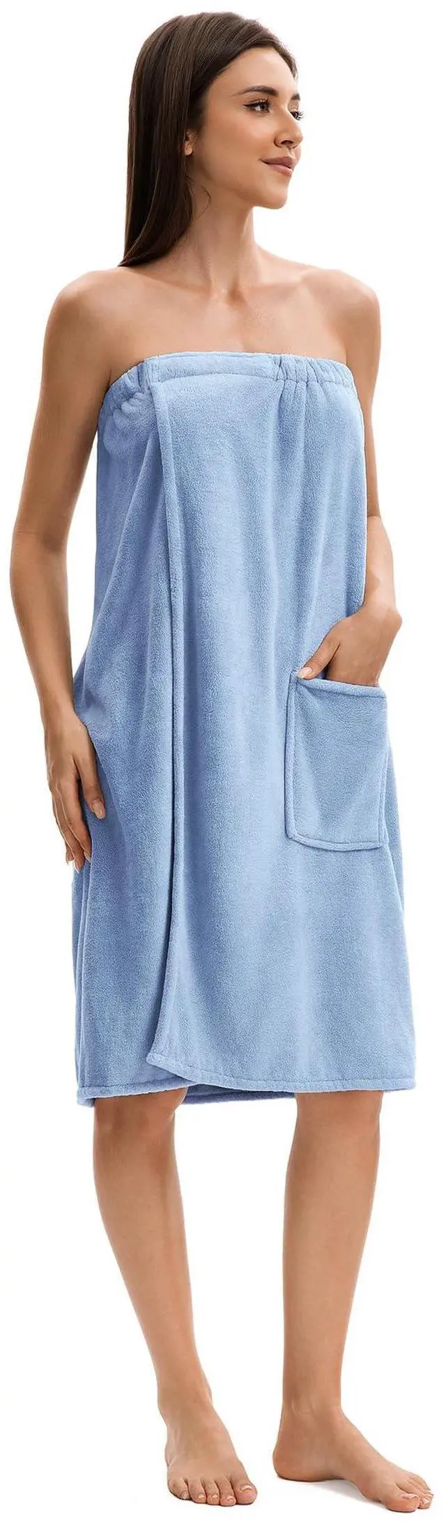 Alt view image 5 of 6 - Towel Wrap For Women After ShowerPlush Bath Robe FemaleSauna Spa Wrap Around Towels With Pockets (US, Alpha, One Size, Regular, Regular, Light Blue)