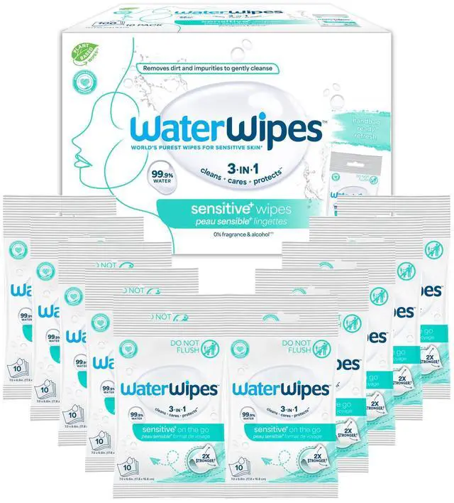 Main image of Beauty Sensitive+ On-The-Go Facial Wipes, 99.9% Water, Unscented Hypoallergenic Face Cleanser Wipes for Sensitive Skin, Double Cleanse & Skincare Routine, 100ct, (10 Packs)