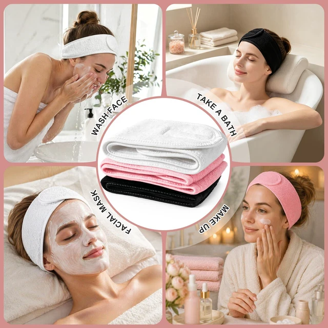 Alt view image 6 of 7 - 3Pcs Spa Facial Headband Make Up Wrap Head Terry Cloth Headband Adjustable Washable Towel for Shower Makeup Face Washing Skincare Facial Treatment Sport Fits (White, Black, Pink)
