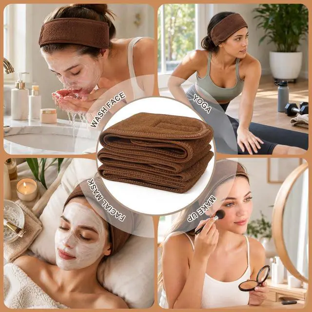 Alt view image 7 of 7 - 4Pcs Spa Facial Headbands Make Up Wrap Head Terry Cloth Headband Soft Adjustable Towel Band for Face Washing Shower Facial Cover Yoga (Coffee)