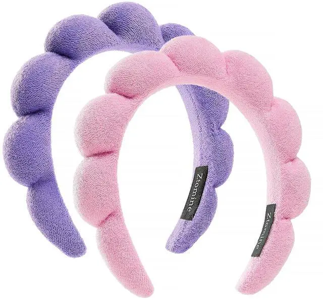 Main image of Spa Facial Headbands Combo Pack - 2 Terry Cloth Makeup Headbands for Face Washing, Masks, and Skin Treatments (Pink + Purple)