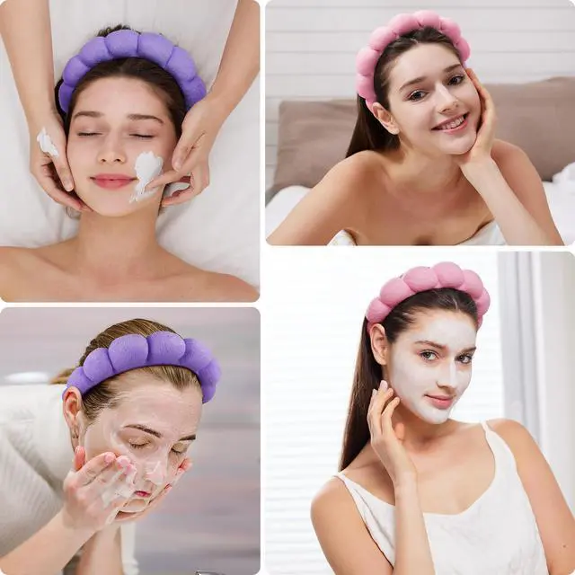 Alt view image 3 of 6 - Spa Facial Headbands Combo Pack - 2 Terry Cloth Makeup Headbands for Face Washing, Masks, and Skin Treatments (Pink + Purple)