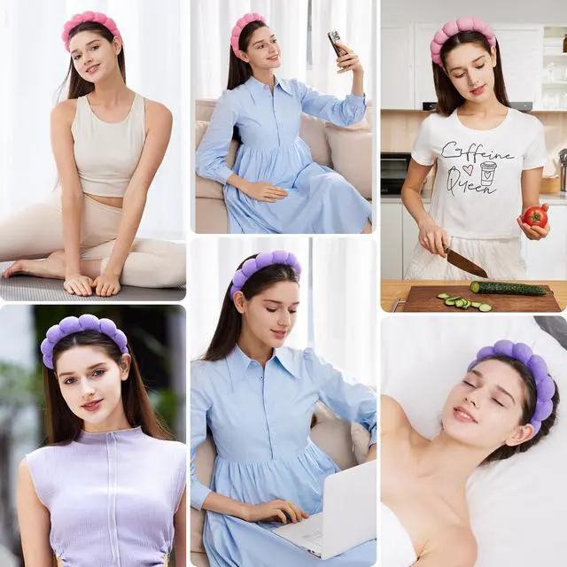 Alt view image 4 of 6 - Spa Facial Headbands Combo Pack - 2 Terry Cloth Makeup Headbands for Face Washing, Masks, and Skin Treatments (Pink + Purple)
