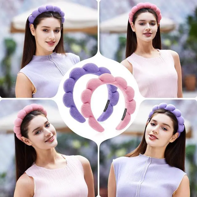 Alt view image 5 of 6 - Spa Facial Headbands Combo Pack - 2 Terry Cloth Makeup Headbands for Face Washing, Masks, and Skin Treatments (Pink + Purple)