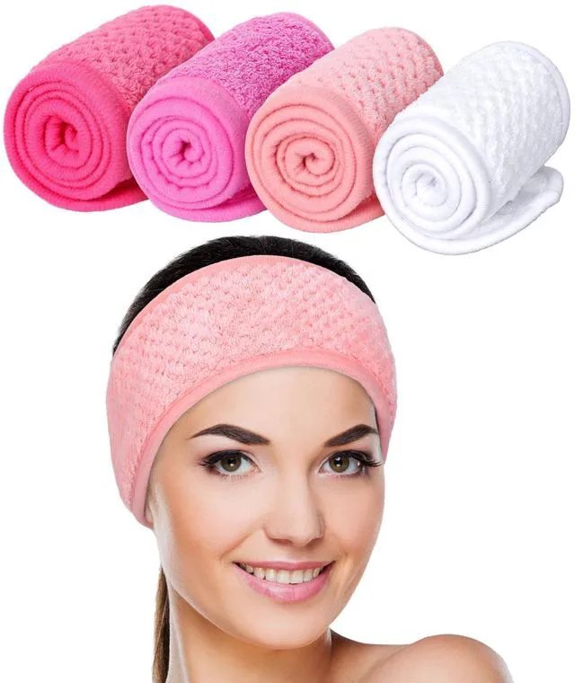 Main image of 4 Pack Spa Facial Headband, Adjustable, 4 White Pink Colors | Makeup Hair Wrap, Hair Band, Soft, Absorbent, Head Band, Face Washing Shower Sports Yoga Supplies