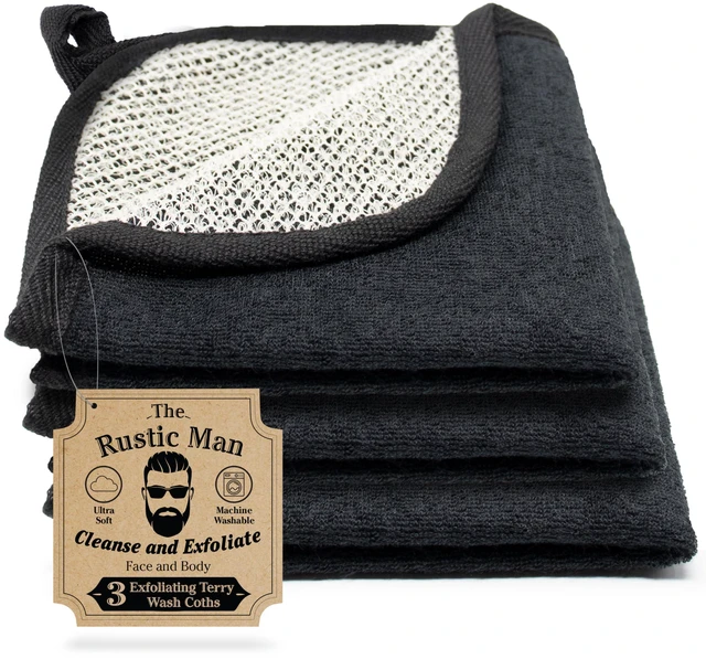 Main image of Terry Wash Cloths for Face and Body, Dual-Sided Cleansing and Exfoliating Washcloths, Machine Wash, Black, 3 Count