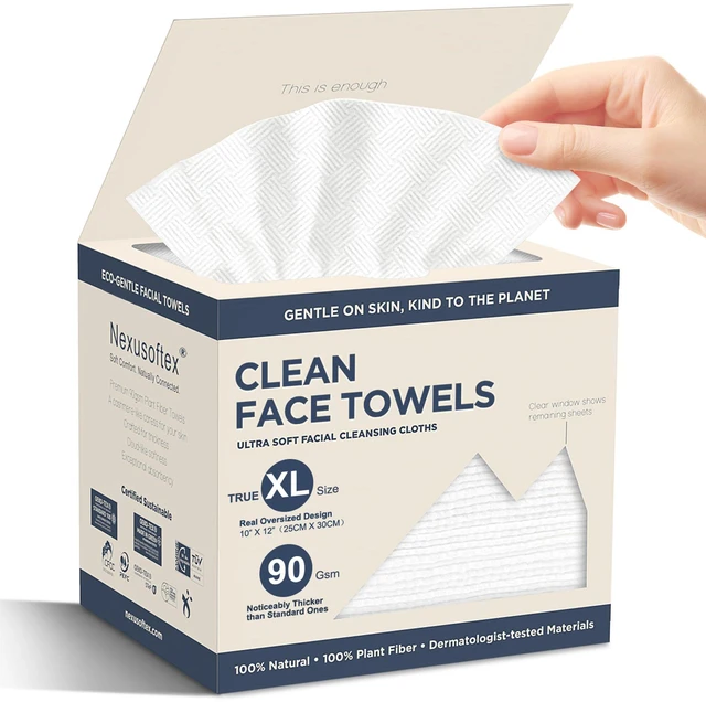 Main image of Premium Disposable Face Towels, 10"x12" XL, 90gsm Ultra-Thick 100% USDA Biobased Facial Towel, Gentle for All Skin Types, Magnetic Closure Box with Visibility Window (1 pack of 50ct)