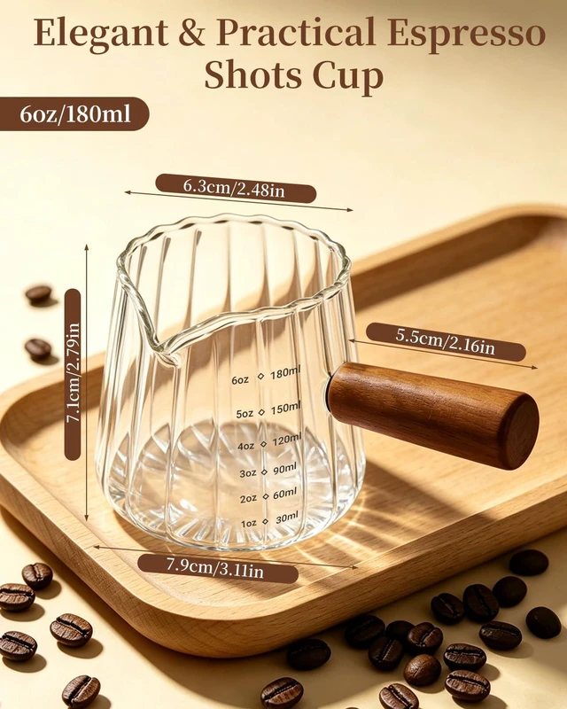 Alt view image 2 of 7 - Espresso Measuring Cup 6 Oz, Espresso Cup with Wood Handle, V-Shaped Spout | Espresso Accessories Barista Tools, Espresso Cup for Coffee, Milk, Tea or Maple Syrup Serving, Coffee Gifts for Women, Men