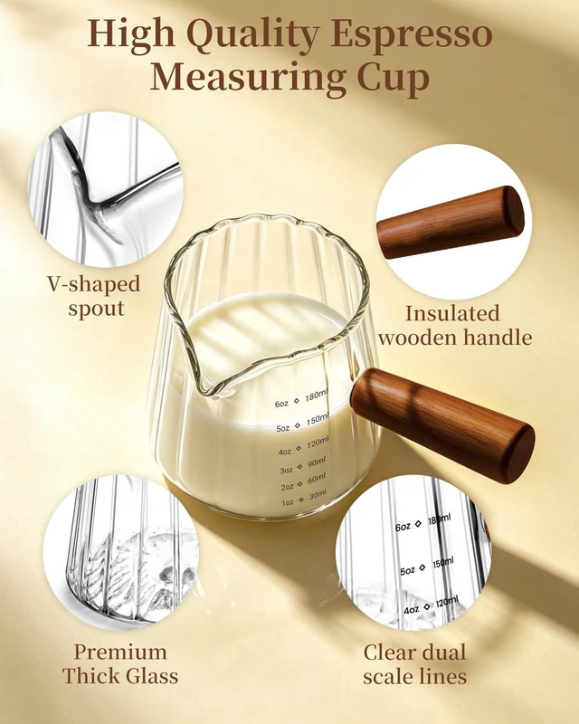 Alt view image 3 of 7 - Espresso Measuring Cup 6 Oz, Espresso Cup with Wood Handle, V-Shaped Spout | Espresso Accessories Barista Tools, Espresso Cup for Coffee, Milk, Tea or Maple Syrup Serving, Coffee Gifts for Women, Men