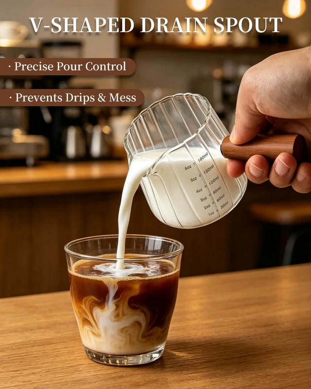 Alt view image 4 of 7 - Espresso Measuring Cup 6 Oz, Espresso Cup with Wood Handle, V-Shaped Spout | Espresso Accessories Barista Tools, Espresso Cup for Coffee, Milk, Tea or Maple Syrup Serving, Coffee Gifts for Women, Men