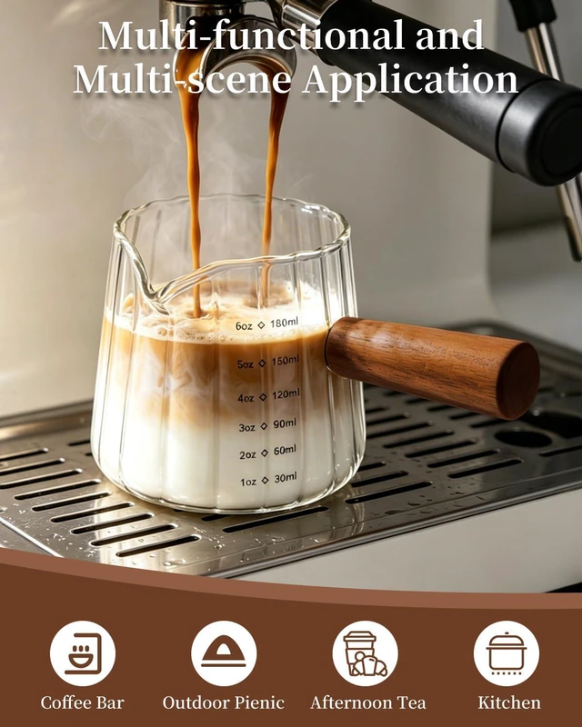 Alt view image 6 of 7 - Espresso Measuring Cup 6 Oz, Espresso Cup with Wood Handle, V-Shaped Spout | Espresso Accessories Barista Tools, Espresso Cup for Coffee, Milk, Tea or Maple Syrup Serving, Coffee Gifts for Women, Men
