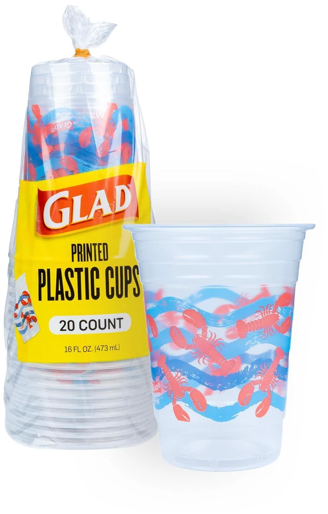 Main image of Everyday Clear Plastic Cups, Lobster Waves, 16 Oz, 20 Count | Sturdy disposable cups, holds ice and cold drinks without leaking, ideal for beach parties and summer gatherings