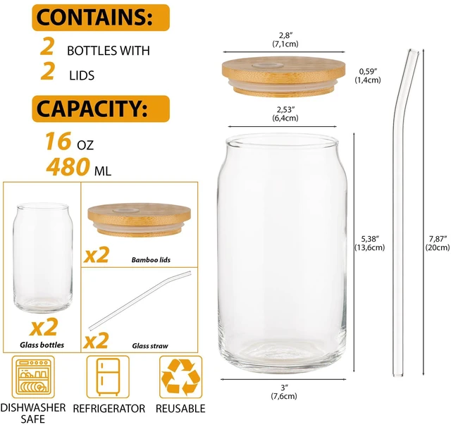 Alt view image 2 of 7 - Glass Cups with Lids and Straws, 16 Oz - Set of 2 Reusable Iced Cold Coffee Tumblers - Clear Glass Bottle for Water with Bamboo Lids