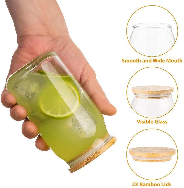 Alt view image 3 of 7 - Glass Cups with Lids and Straws, 16 Oz - Set of 2 Reusable Iced Cold Coffee Tumblers - Clear Glass Bottle for Water with Bamboo Lids