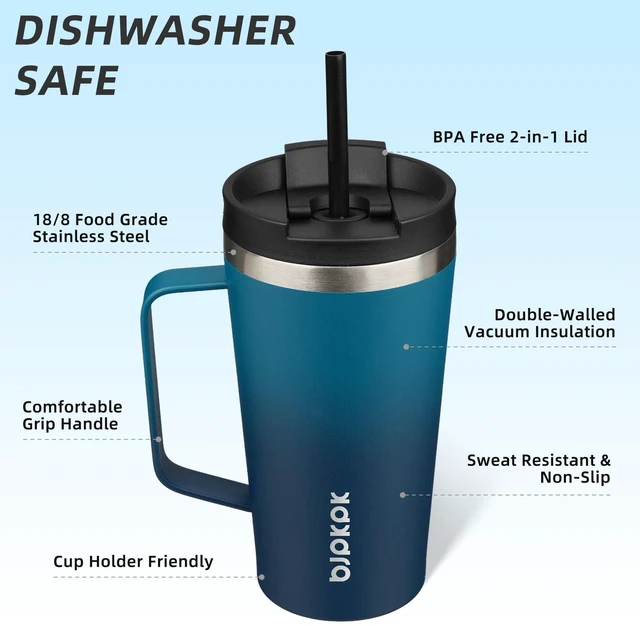 Alt view image 2 of 6 - 18oz Insulated Tumbler with Handle, Lid & Straw, Stainless Steel | Double Wall Vacuum Insulated Coffee Travel Mug - Keeps Cold & Hot, BPA Free, Cupholder Fit for Office, Gym & Travel