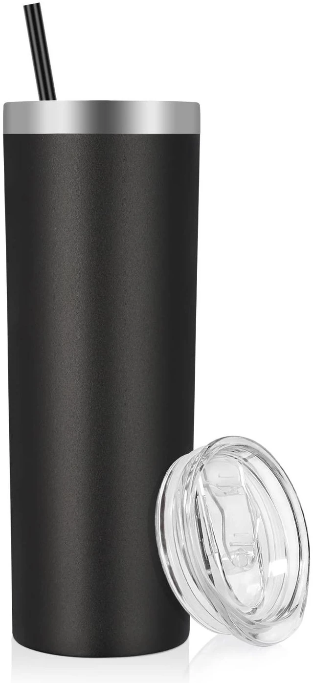 Main image of Stainless Steel Skinny Tumbler, 20 oz Vacuum Insulated Tumbler with Lid and Straw, Double Wall Coffee Cup, Travel Mug for Cold Hot Drinks, Black 1 Pack