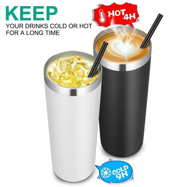 Alt view image 3 of 6 - Stainless Steel Skinny Tumbler, 20 oz Vacuum Insulated Tumbler with Lid and Straw, Double Wall Coffee Cup, Travel Mug for Cold Hot Drinks, Black 1 Pack