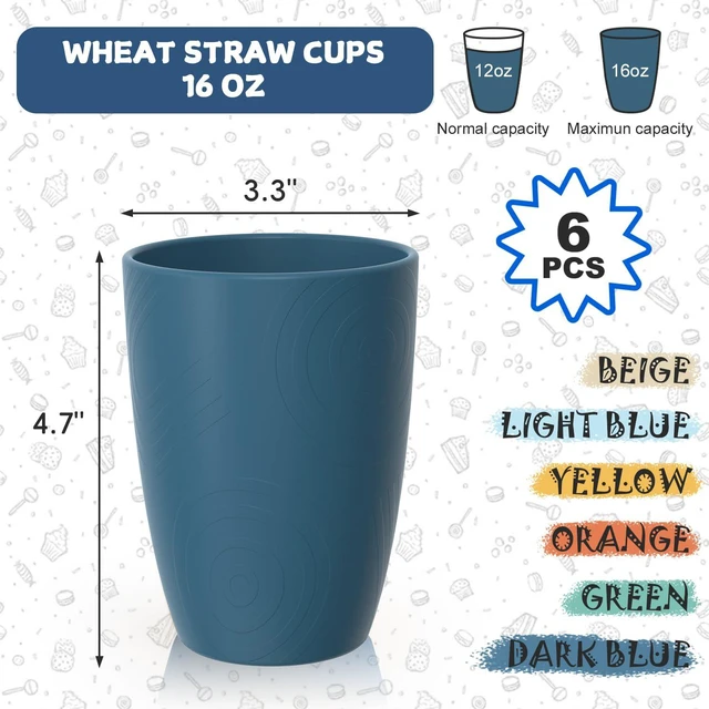 Alt view image 3 of 7 - Wheat Straw Cups of 6, 16 OZ Plastic Cups for Kitchen, Multicolor | Unbreakable Drinking Glasses Set of 6, Dishwasher & Microwave Safe Cup for Coffee, Juice