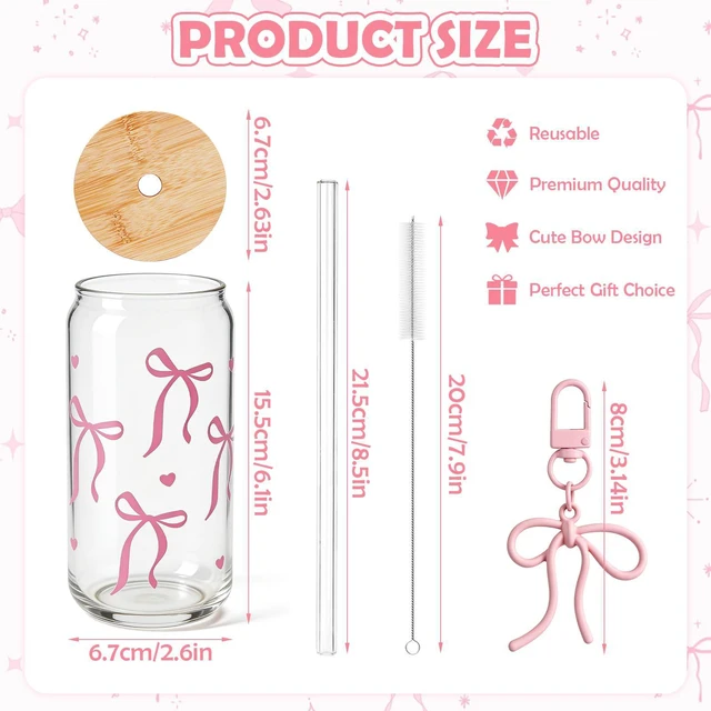 Alt view image 3 of 7 - Bow Glass Cup 18 OZ with Designs, Pink Bow Cup for Preppy Stuff | Cute Tumbler with Straw Cover & Keychain for Women Teen Girls Iced Coffee, Matcha and Smoothies