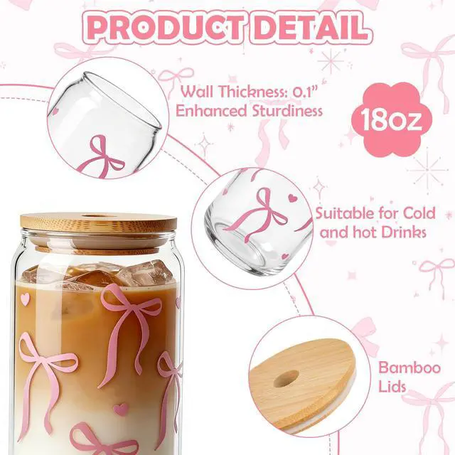 Alt view image 4 of 7 - Bow Glass Cup 18 OZ with Designs, Pink Bow Cup for Preppy Stuff | Cute Tumbler with Straw Cover & Keychain for Women Teen Girls Iced Coffee, Matcha and Smoothies