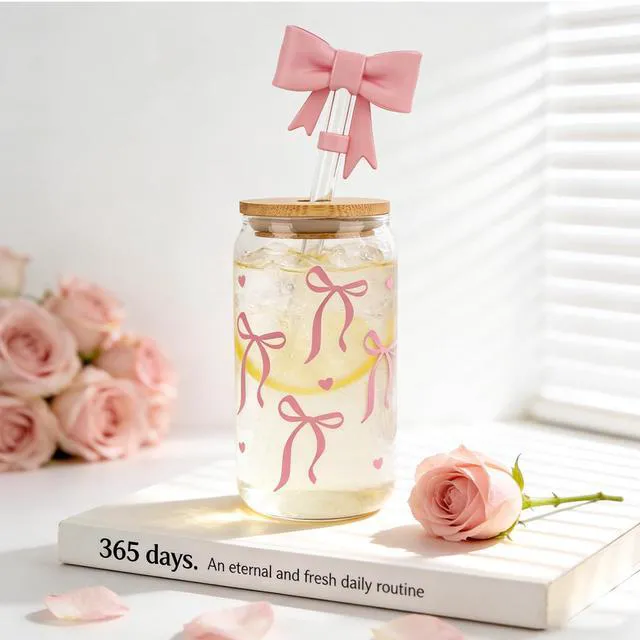 Alt view image 6 of 7 - Bow Glass Cup 18 OZ with Designs, Pink Bow Cup for Preppy Stuff | Cute Tumbler with Straw Cover & Keychain for Women Teen Girls Iced Coffee, Matcha and Smoothies