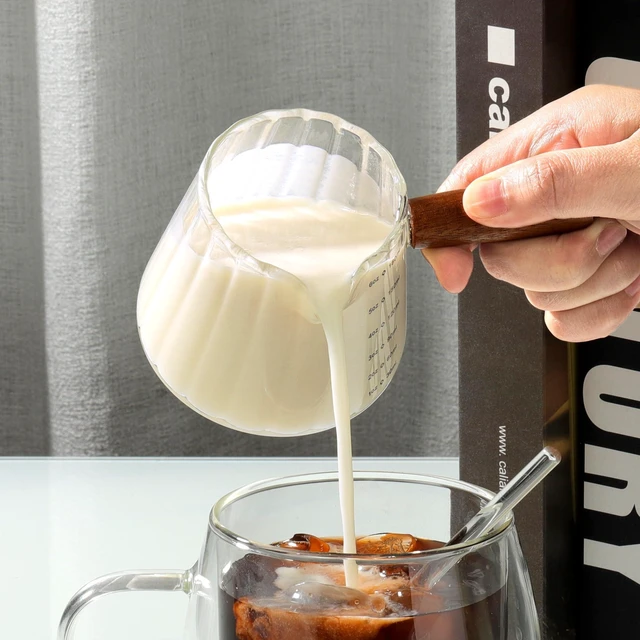 Alt view image 3 of 7 - 6 oz Glass Measuring Cups with Spout,Borosilicate Glass Triple Pitcher with Scale,Origami Style Espresso Shot Glasses with Wood Handle for Coffee Milk,Dishwasher Safe